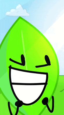 a cartoon green leaf with a big smile on its face