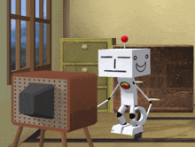 a cartoon robot with a smiley face is standing in front of a tv