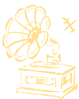 a yellow drawing of a phonograph with the letter c on the top