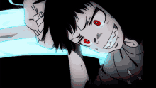a drawing of a person with red eyes and a smile on their face