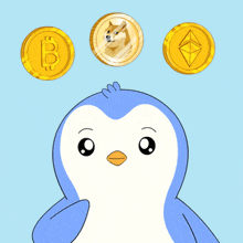 a penguin is surrounded by coins including a doge coin and a bitcoin coin