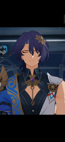 a man with purple hair is wearing a necklace with a flower in his hair