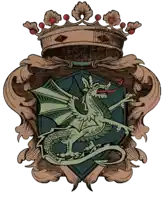 a shield with a dragon and a crown on top