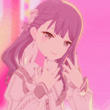 a girl with purple hair is wearing a white top