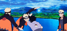 a group of anime characters are standing in front of a body of water with mountains in the background