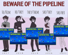 a poster that says beware of the pipeline shows a man and a woman standing next to each other