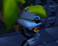 a cartoon character wearing sunglasses holds a stuffed animal in his hand