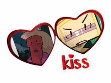two heart shaped glasses with cartoon characters and the word kiss below them