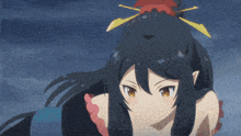 a girl with long black hair and yellow eyes is wearing a kimono
