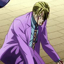 a man in a purple suit and tie has blood coming out of his nose