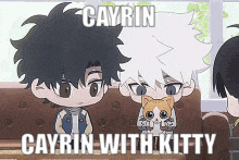 a couple of anime characters are sitting on a couch with a cat and they are talking to each other .