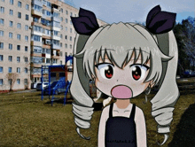 a drawing of a girl with a ponytail and red eyes