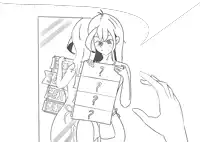 a black and white drawing of a girl holding a piece of paper that says sex on it