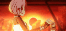 a girl with pink hair is holding a doll in front of a fire