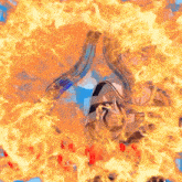 a cartoon character is surrounded by flames and a blue sky in the background