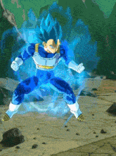 a cartoon character with blue hair is standing on a rock