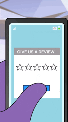 a hand is holding a cell phone with a screen that says give us a review