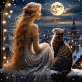 a woman is sitting on a window sill with a cat looking out at the moon .