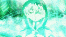 a girl with white hair and blue eyes is surrounded by a green background