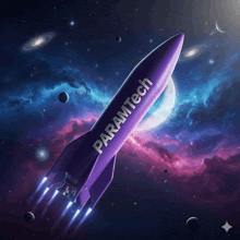 a purple rocket with paramtech written on it