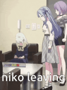 a group of anime girls are standing around a table with the words niko leaving on the bottom