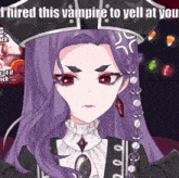 a girl with purple hair is wearing a vampire hat