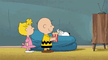 scared charlie brown sally brown snoopy have some popcorn