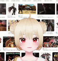 a girl with blonde hair and red eyes is standing in front of a screen that says youtube on it