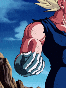 a close up of a cartoon character 's arm with a blue sky behind him