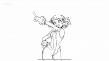 a black and white drawing of a girl with a microphone in her hand