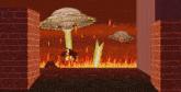 a group of zombies are standing in front of a fire and flying saucers in a video game