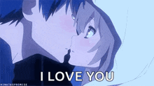 a boy and a girl are kissing in a cartoon and the girl is saying `` i love you '' .