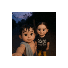 a boy and a girl are standing next to each other and the boy is wearing an ac dc world tour shirt