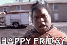 a man standing in front of a fire truck with the words happy friday written below him