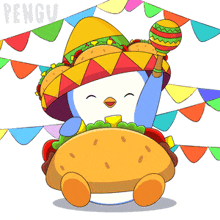 a penguin is wearing a sombrero and holding a maraca