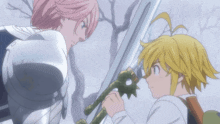 a couple of anime characters standing next to each other with swords