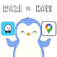 a cartoon penguin holding a waze or maps icon