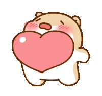 a cartoon bear is holding a pink heart in his mouth
