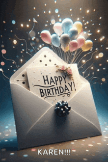 a happy birthday card in an envelope with balloons coming out of it
