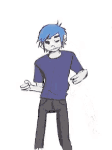 a cartoon of a boy with blue hair dancing .