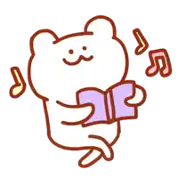 a cartoon drawing of a bear reading a book with music notes behind it