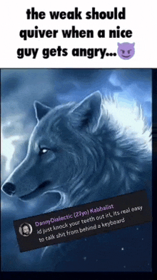 a picture of a wolf with the caption " the weak should quiver when a nice guy gets angry ... "