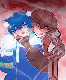 a drawing of two anime characters standing next to each other .