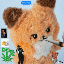 a stuffed animal smoking a cigarette with a speech bubble saying " smok wed "