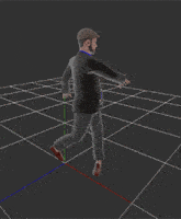 a 3d model of a man in a suit and hat standing on a grid
