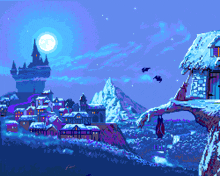 a pixel art painting of a snowy village at night