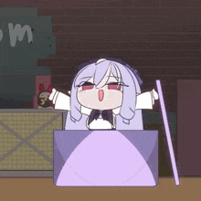 a cartoon of a girl with purple hair and red eyes sitting in a box