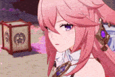 a close up of a pink haired anime girl with a lantern in the background