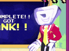 a cartoon character stands in front of a sign that says complete got ink !