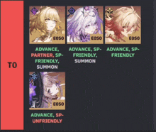 a screenshot of a video game shows a tier list of characters from advance to unfriendly
